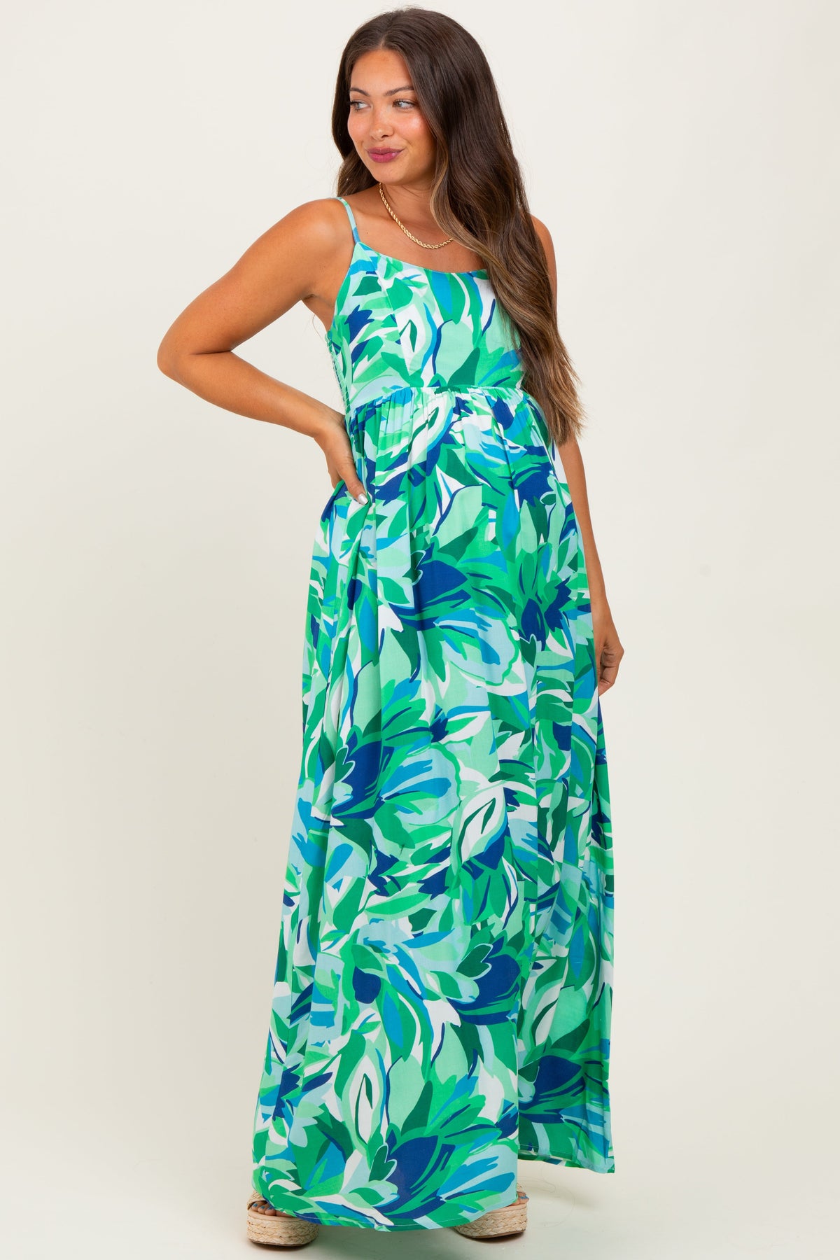Green Printed Shoulder Tie Maternity Maxi Dress