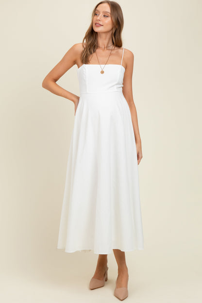 White Linen A-Line Flared Maternity Midi Dress