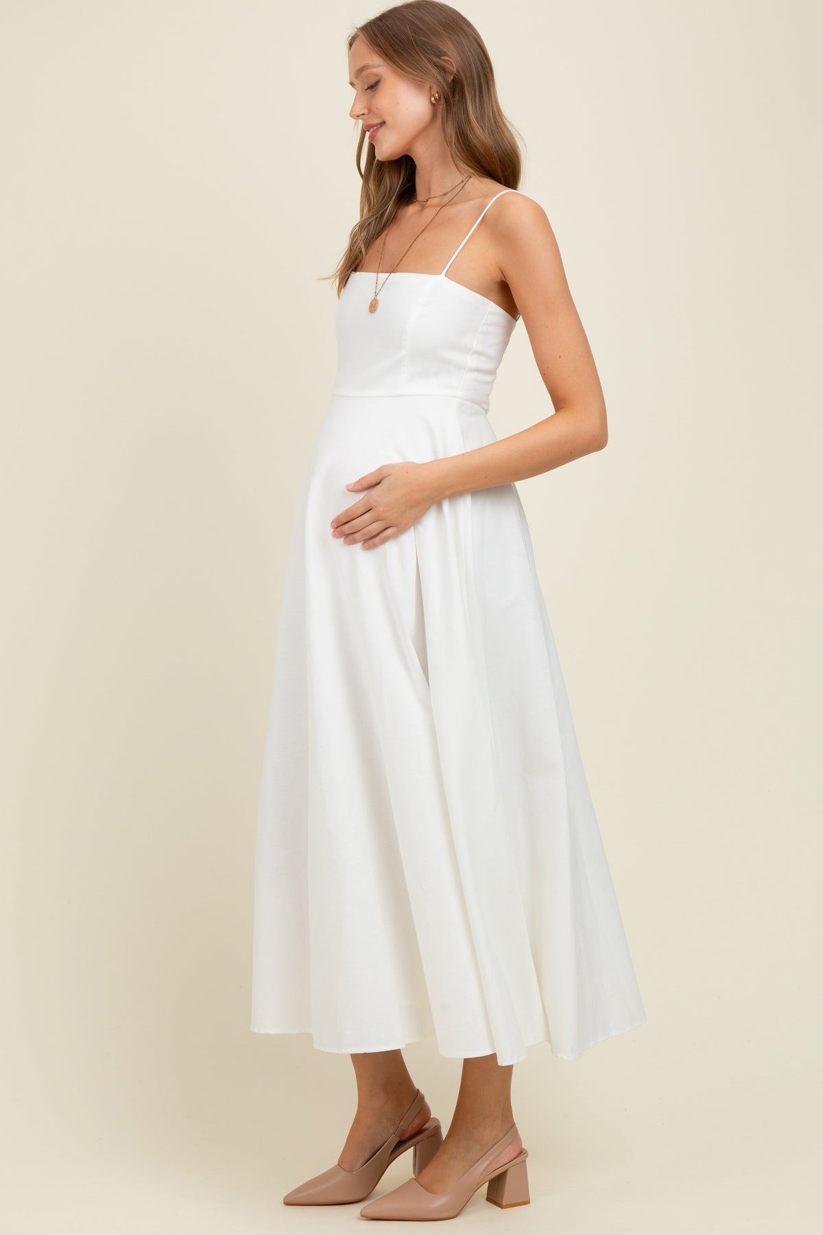 White Linen A-Line Flared Maternity Midi Dress