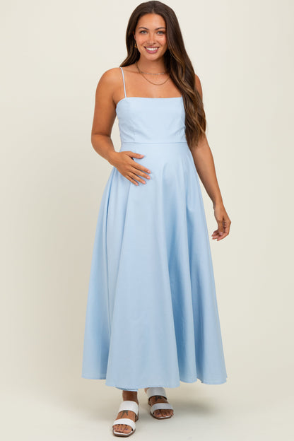 Light Blue Linen A-Line Flared Maternity Midi Dress