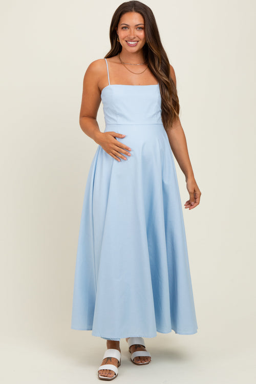 Light Blue Linen A-Line Flared Maternity Midi Dress