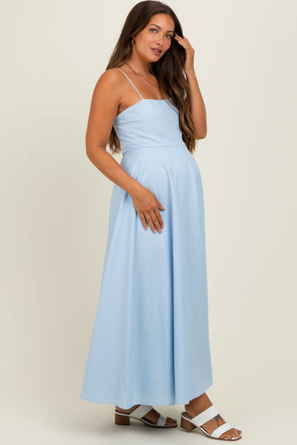 Light Blue Linen A-Line Flared Maternity Midi Dress