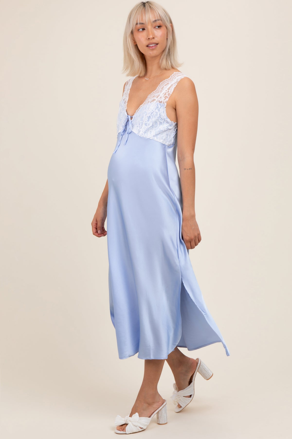 Light Blue Satin Lace Side Slit Maternity Slip Dress