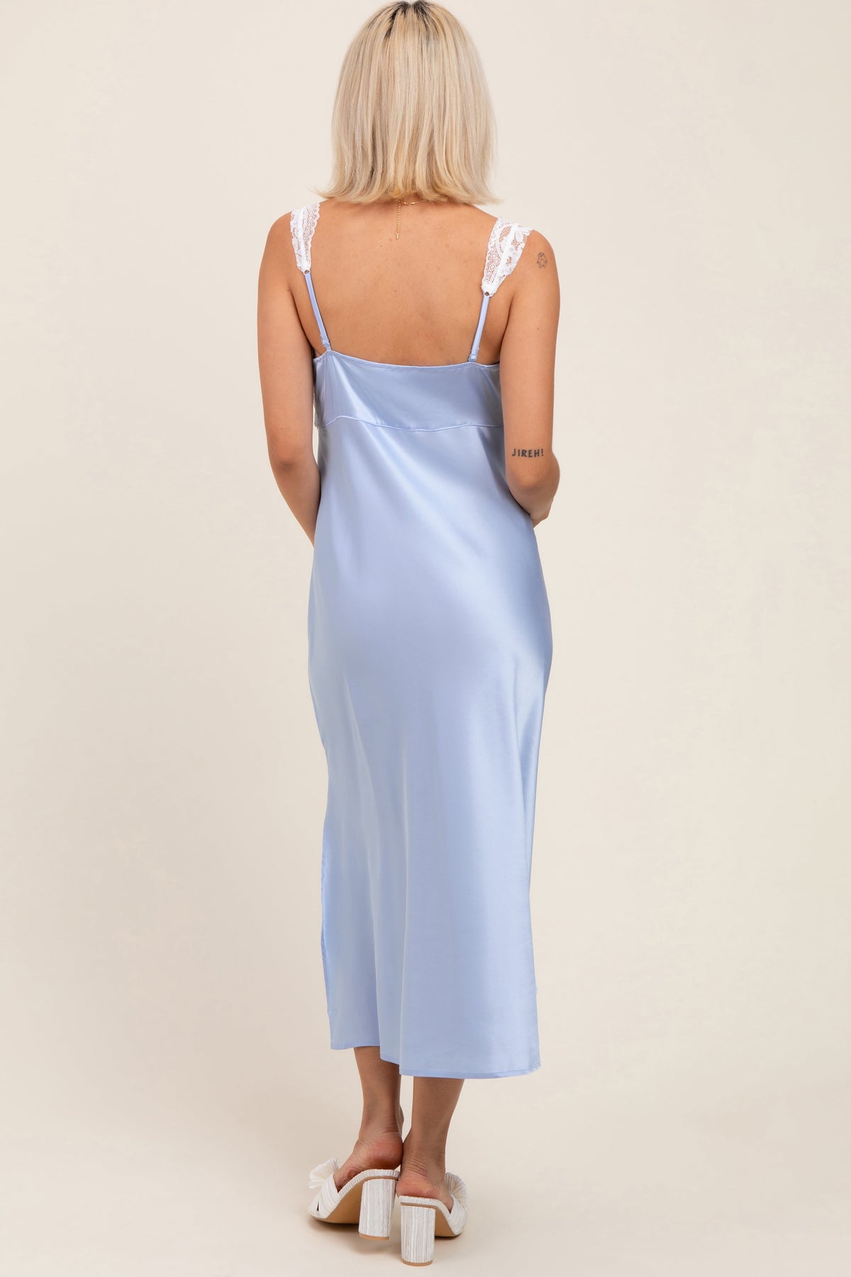 Light Blue Satin Lace Side Slit Maternity Slip Dress
