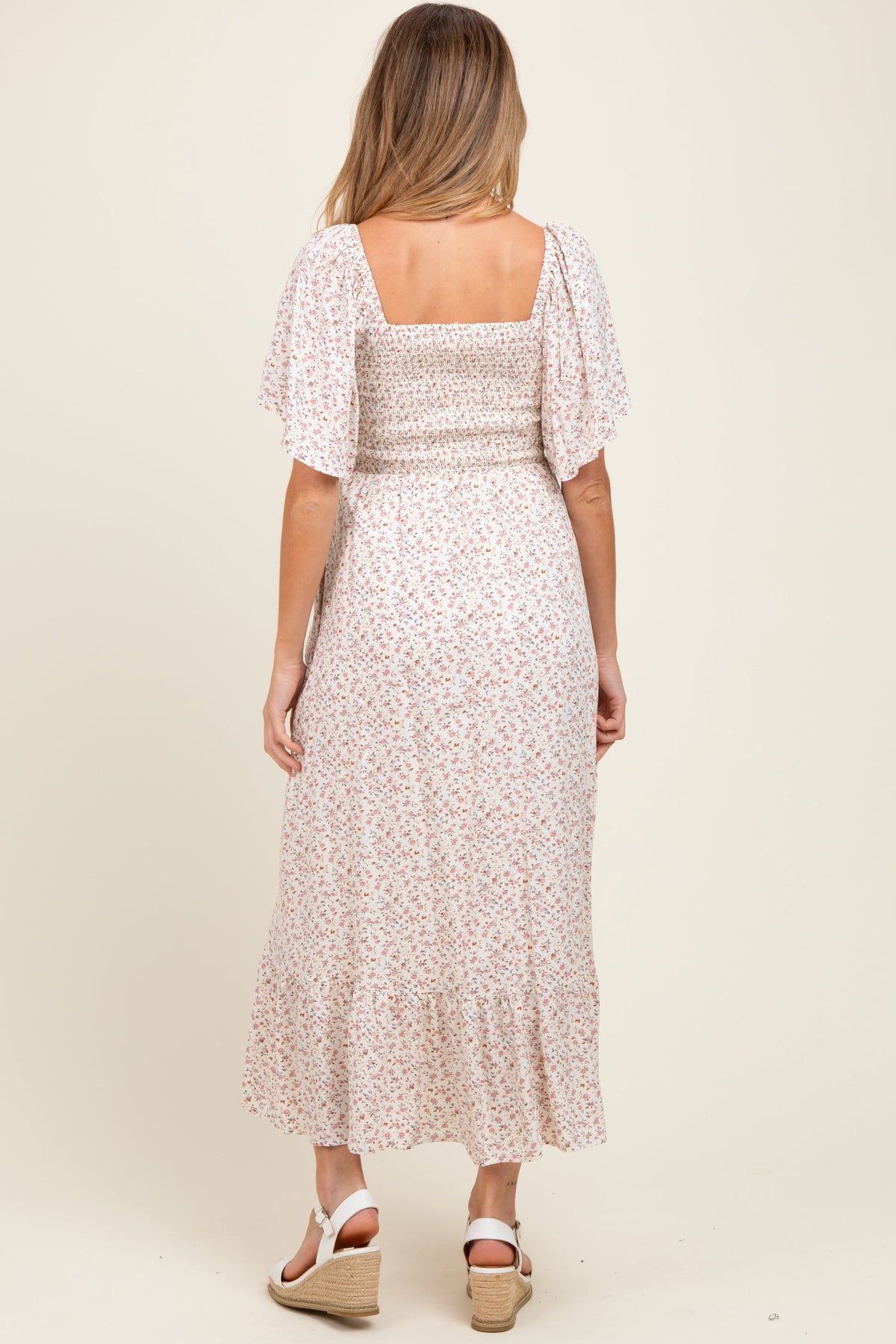 Cream Multi Ditsy Floral Smocked Maternity Midi Dress