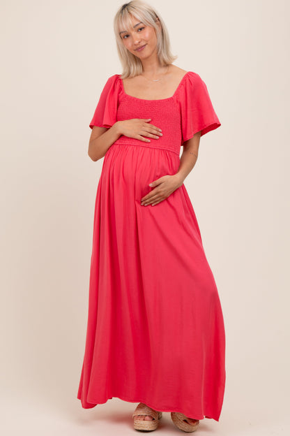 Coral Chambray Smocked Maternity Maxi Dress