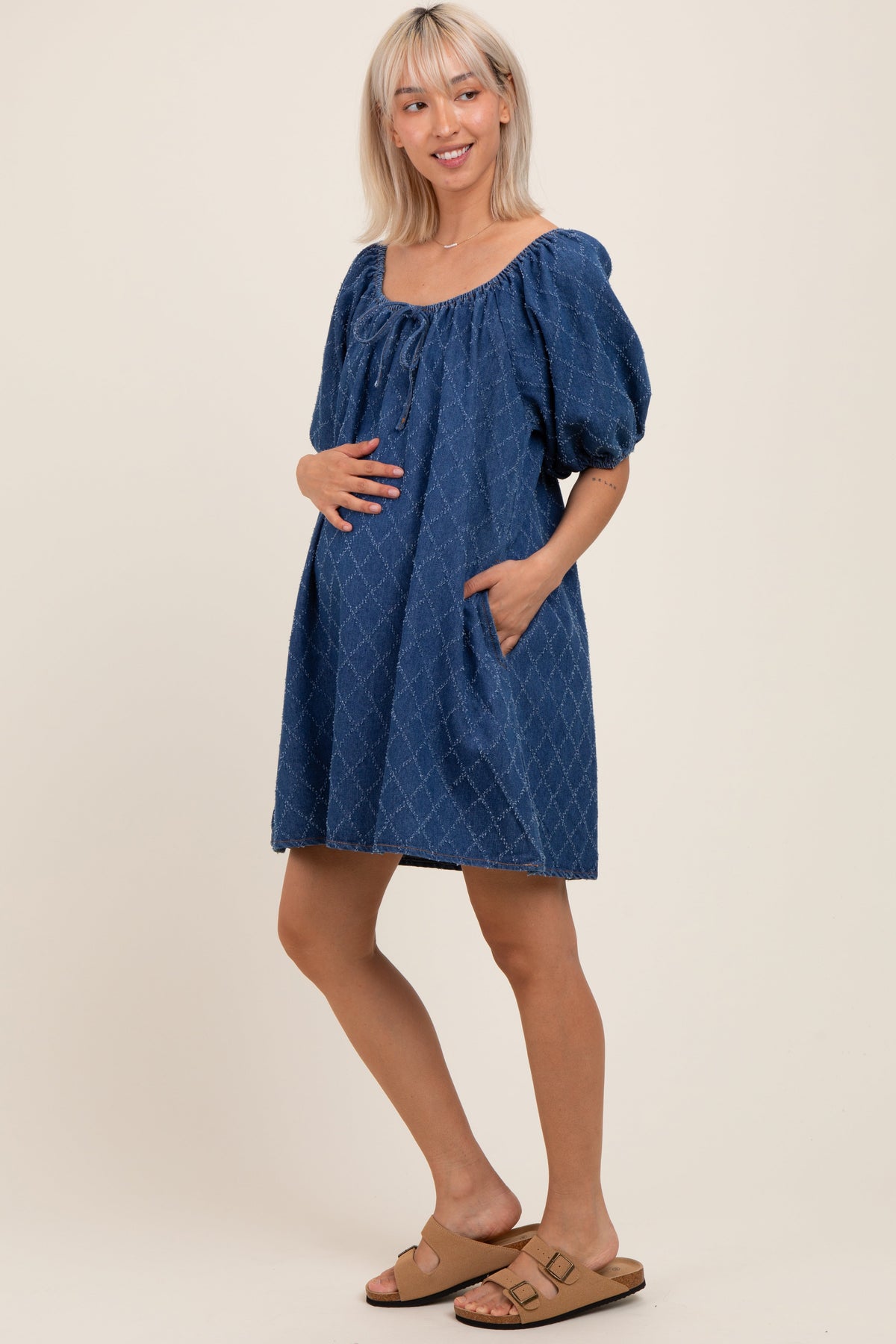 Navy Chambray Jacquard Puff Sleeve Maternity Mini Dress