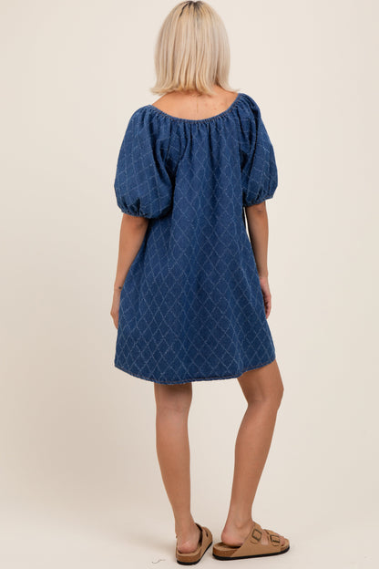 Navy Chambray Jacquard Puff Sleeve Maternity Mini Dress