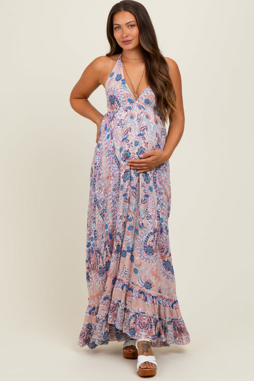 Mauve Paisley Halter V-Neck Cutout Maternity Maxi Dress