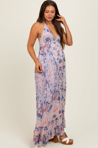 Mauve Paisley Halter V-Neck Cutout Maternity Maxi Dress