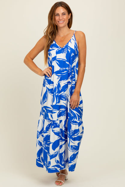 Blue Floral Scoop Tie Back Maternity Maxi Dress