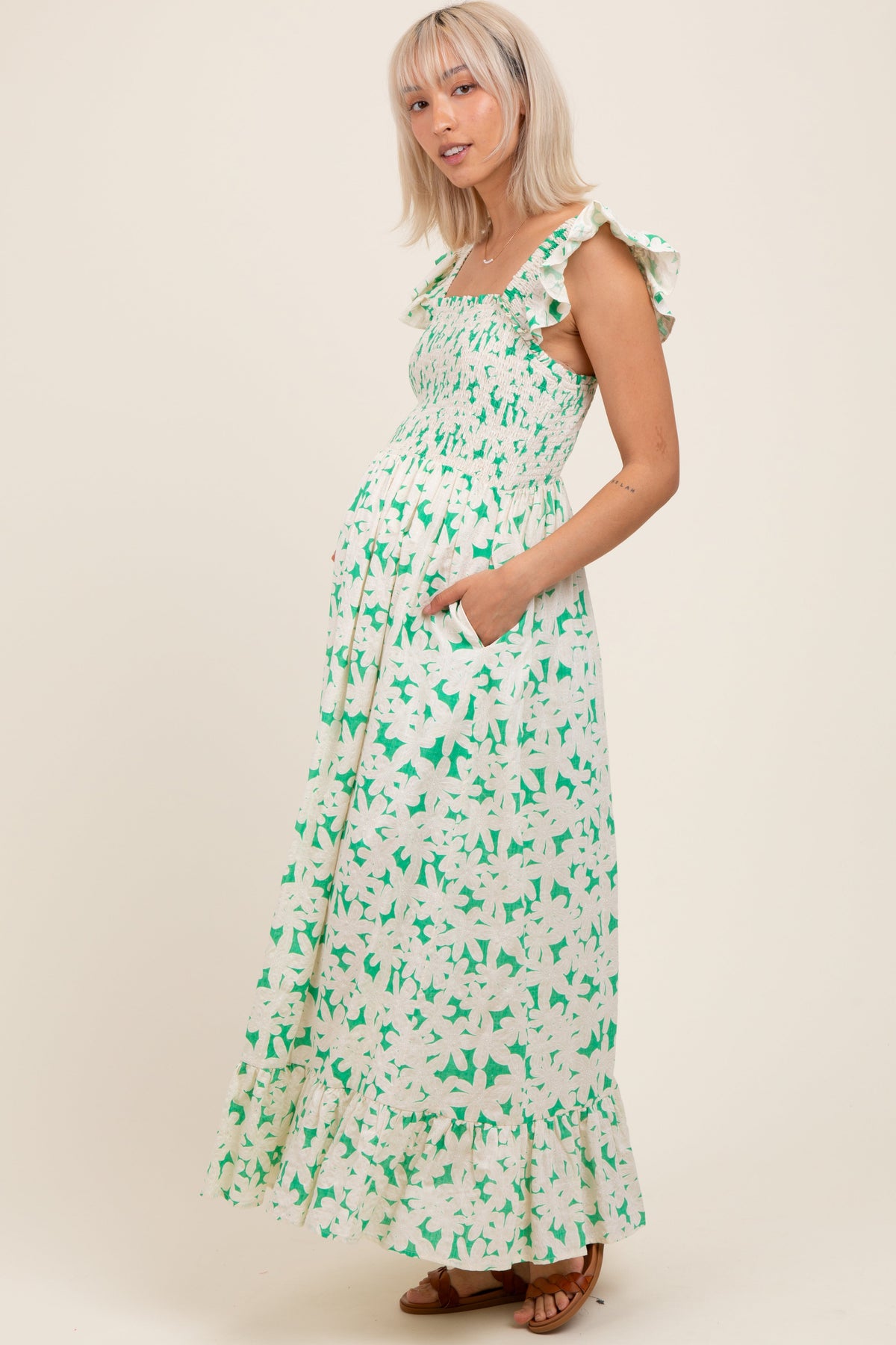 Green Floral Print Smocked Ruffle Sleeve Maternity Maxi Dress