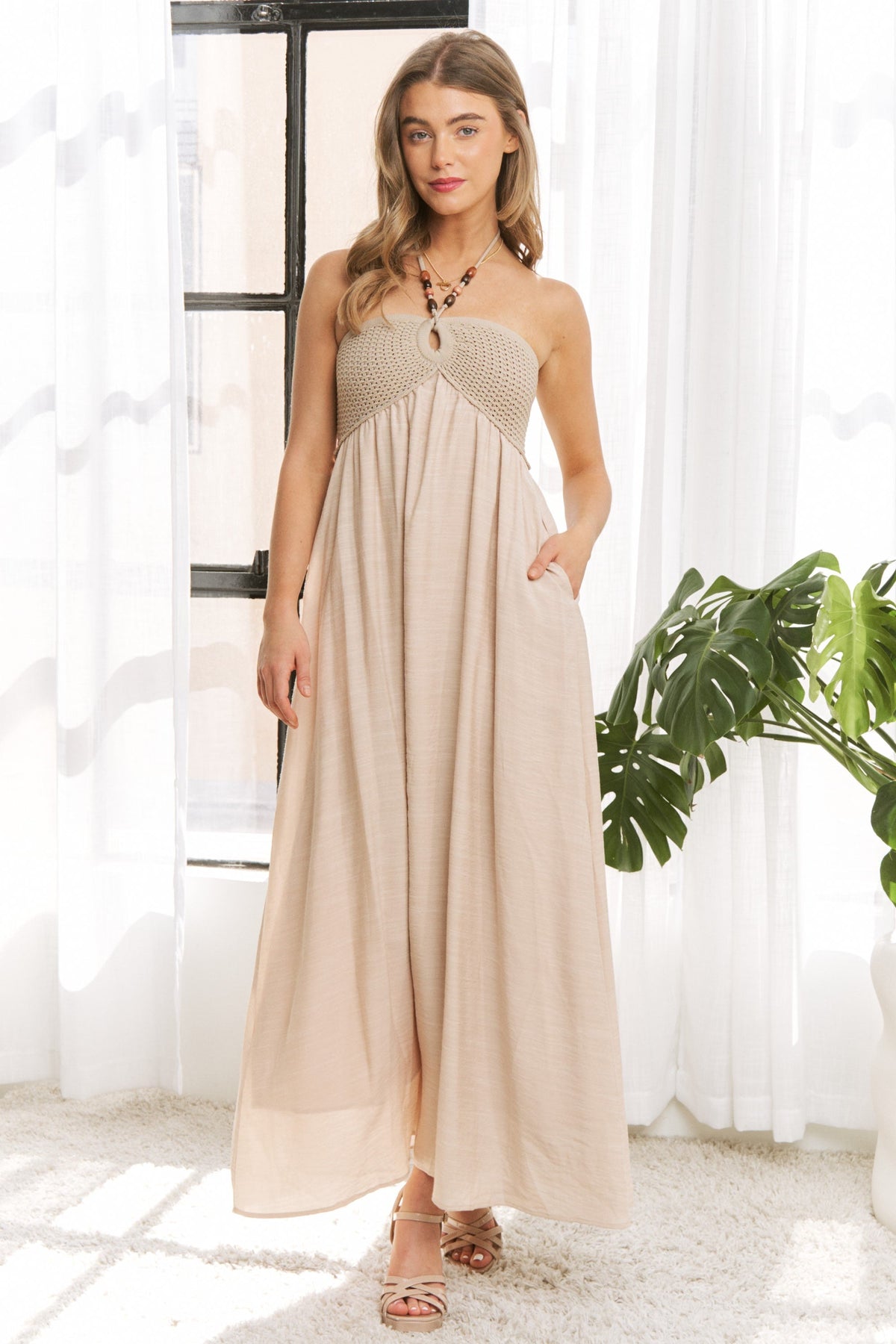 Beige Crochet Contrast Beaded Halter Neck Maternity Maxi Dress