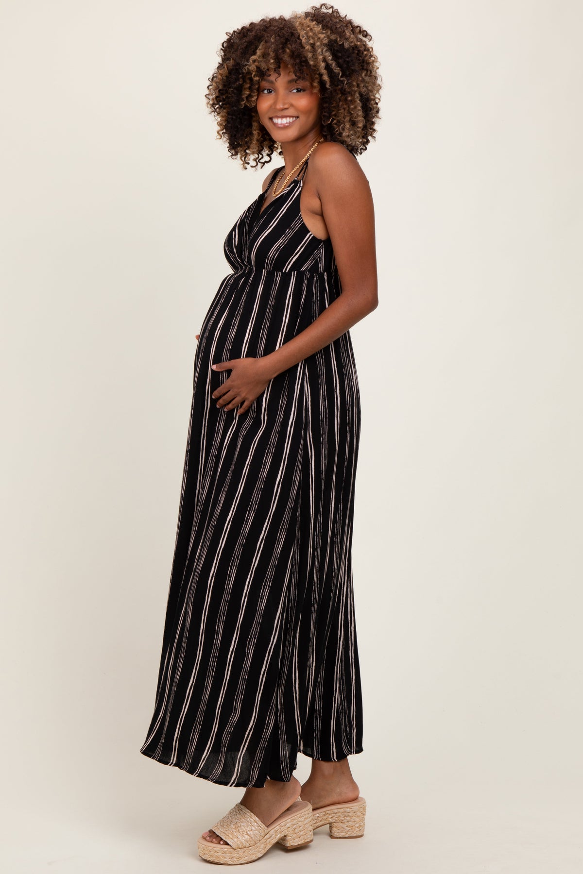 Black Striped Double Strap V-Neck Maternity Maxi Dress