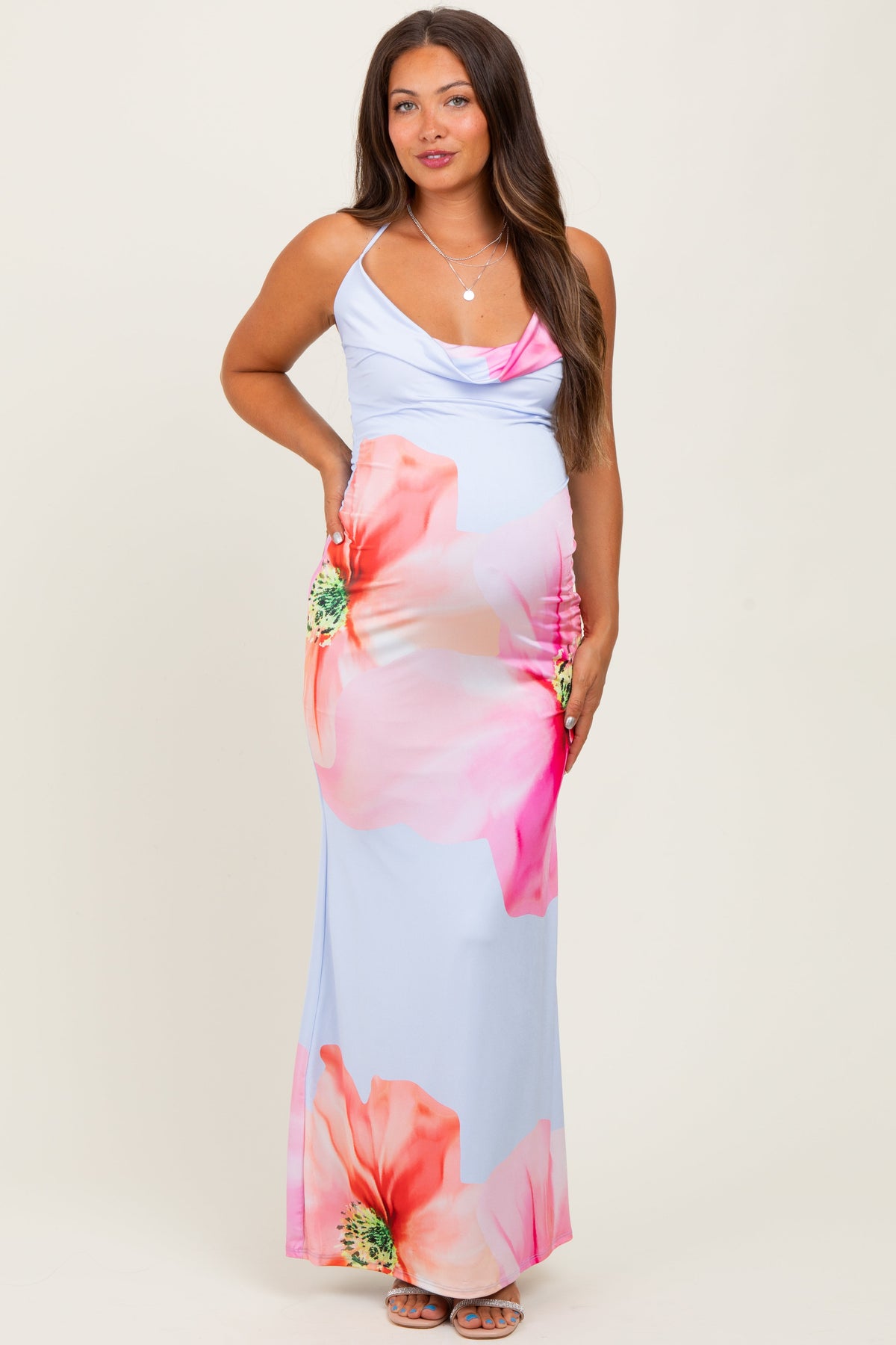Light Blue Floral Draped Halter Maternity Maxi Dress
