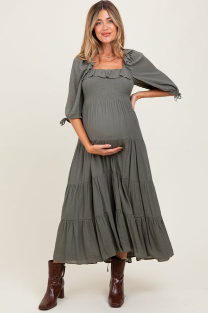 Olive Smocked Ruffle Detail Tiered Maternity Midi Dress