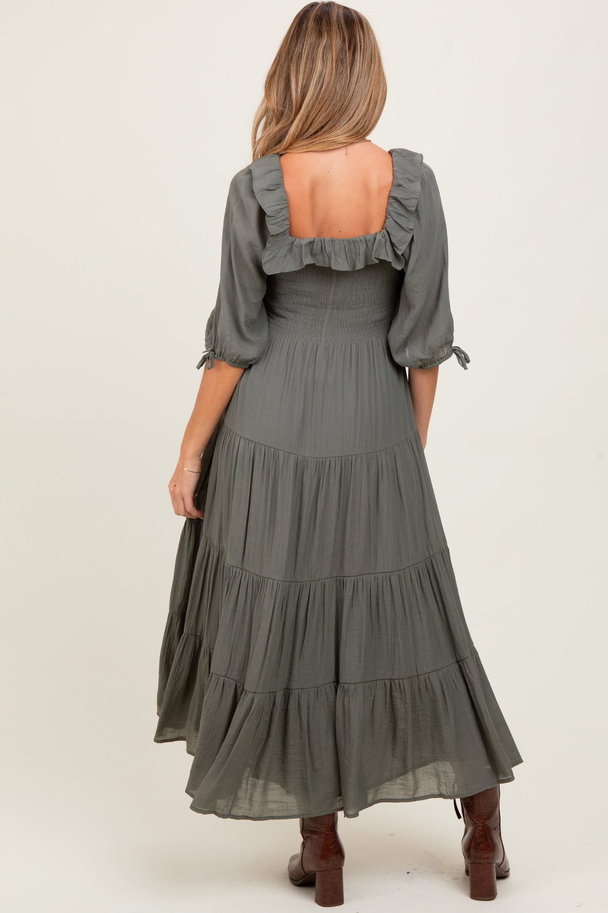 Olive Smocked Ruffle Detail Tiered Maternity Midi Dress