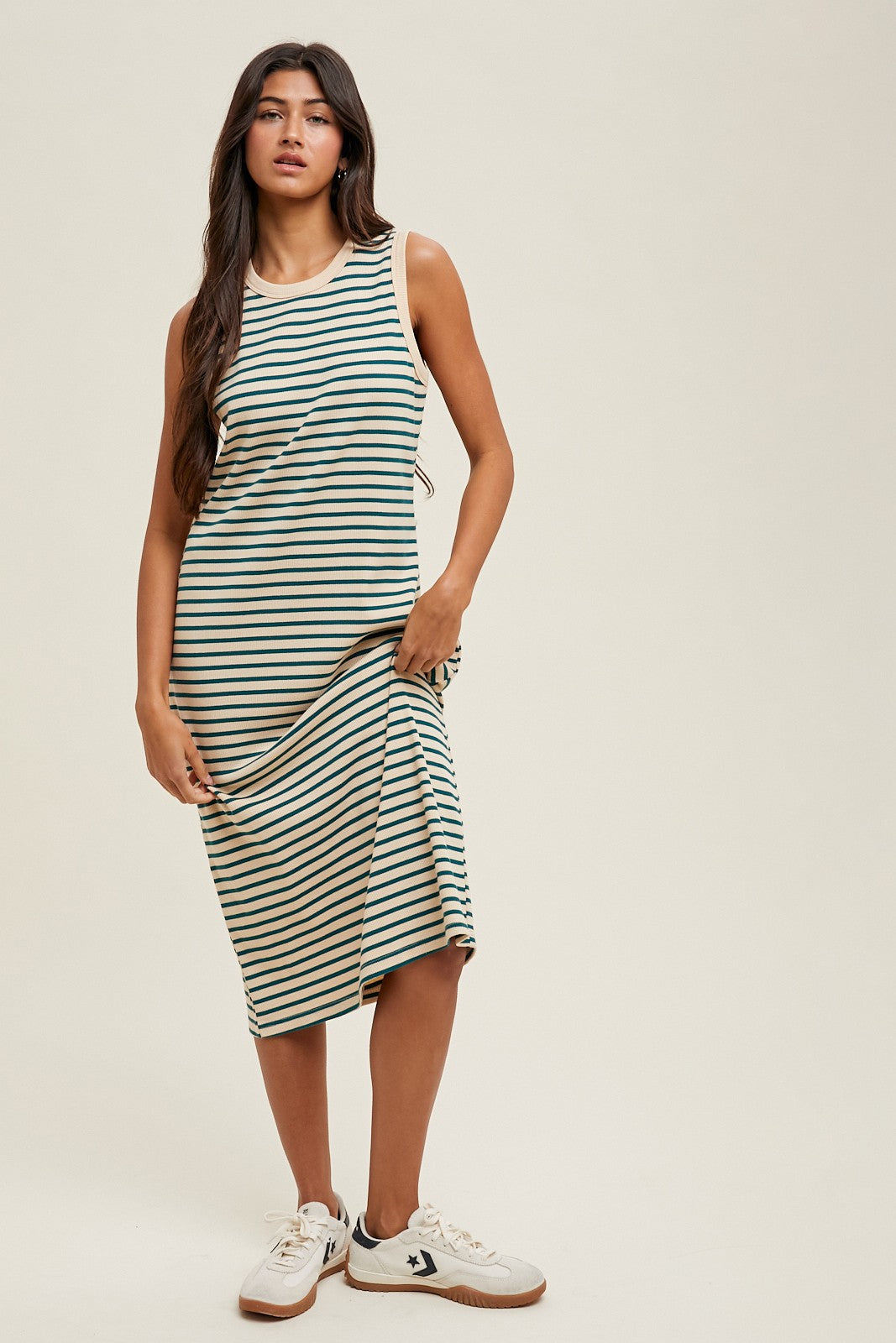 Deep Teal Striped Ribbed Knit Sleeveless Maternity Midi Dress