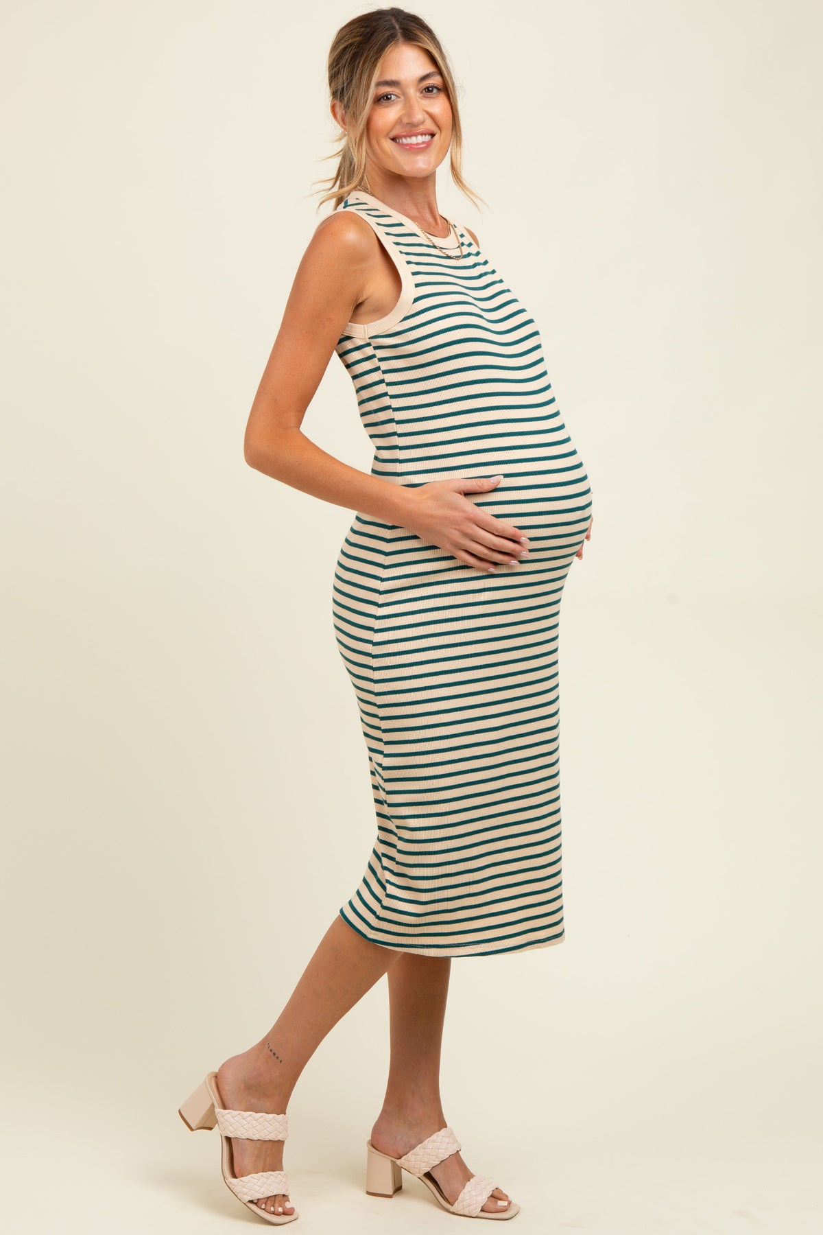 Deep Teal Striped Ribbed Knit Sleeveless Maternity Midi Dress