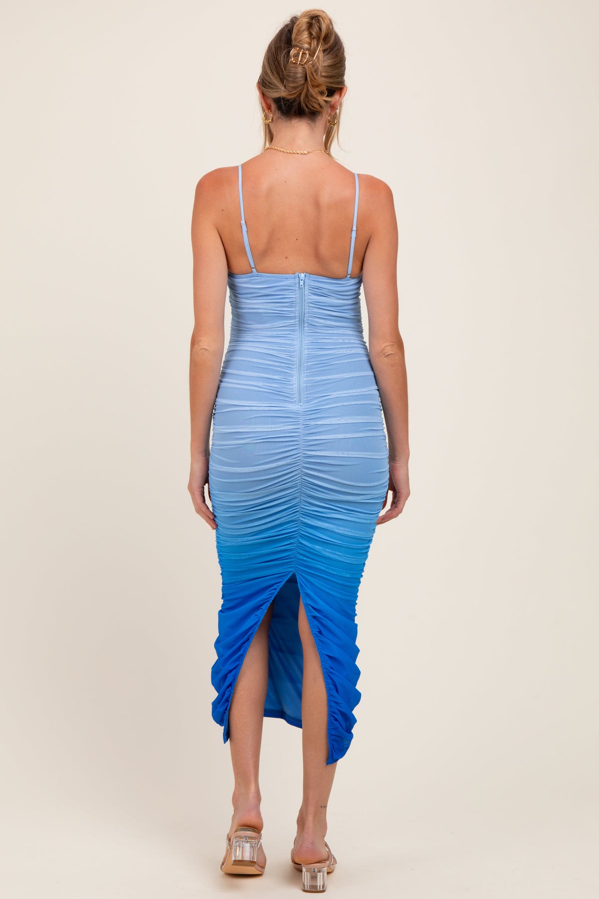Blue Mesh Ombre Ruched Maternity Midi Dress