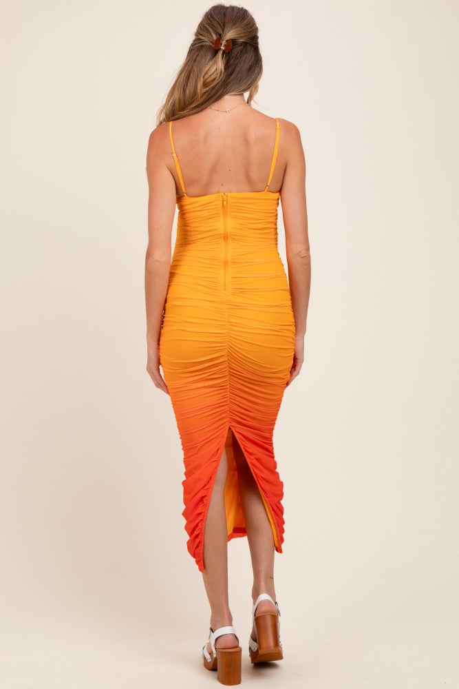 Orange Mesh Ombre Ruched Maternity Midi Dress