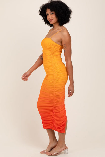 Orange Mesh Ombre Ruched Maternity Midi Dress