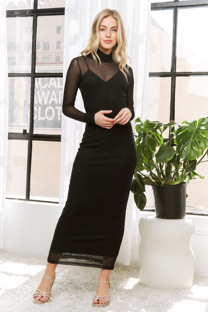 Black Mesh Overlay Long Sleeve Maternity Maxi Dress