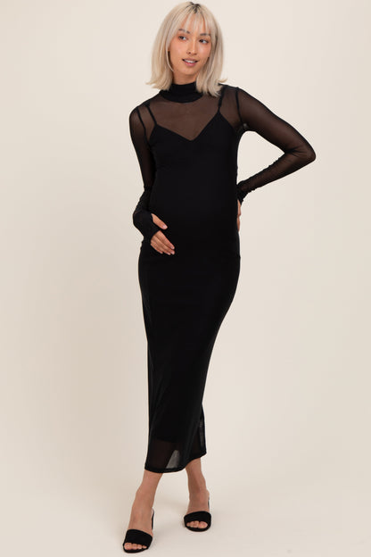 Black Mesh Overlay Long Sleeve Maternity Maxi Dress