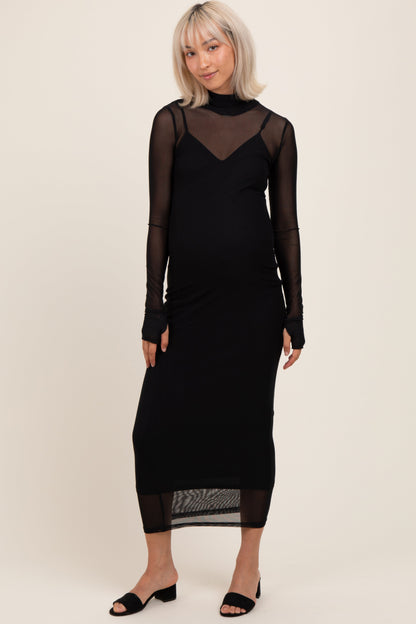 Black Mesh Overlay Long Sleeve Maternity Maxi Dress