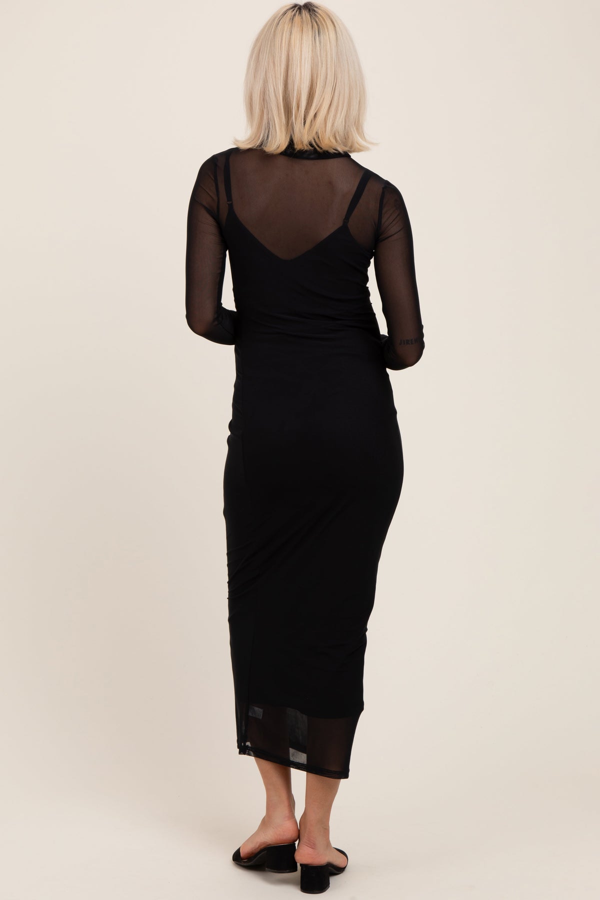 Black Mesh Overlay Long Sleeve Maternity Maxi Dress