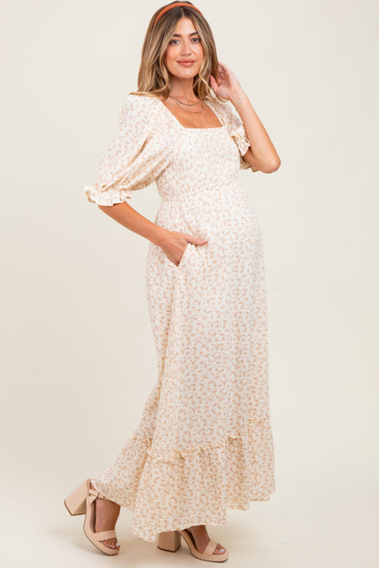 Beige Floral Print Square Neckline Maternity Maxi Dress
