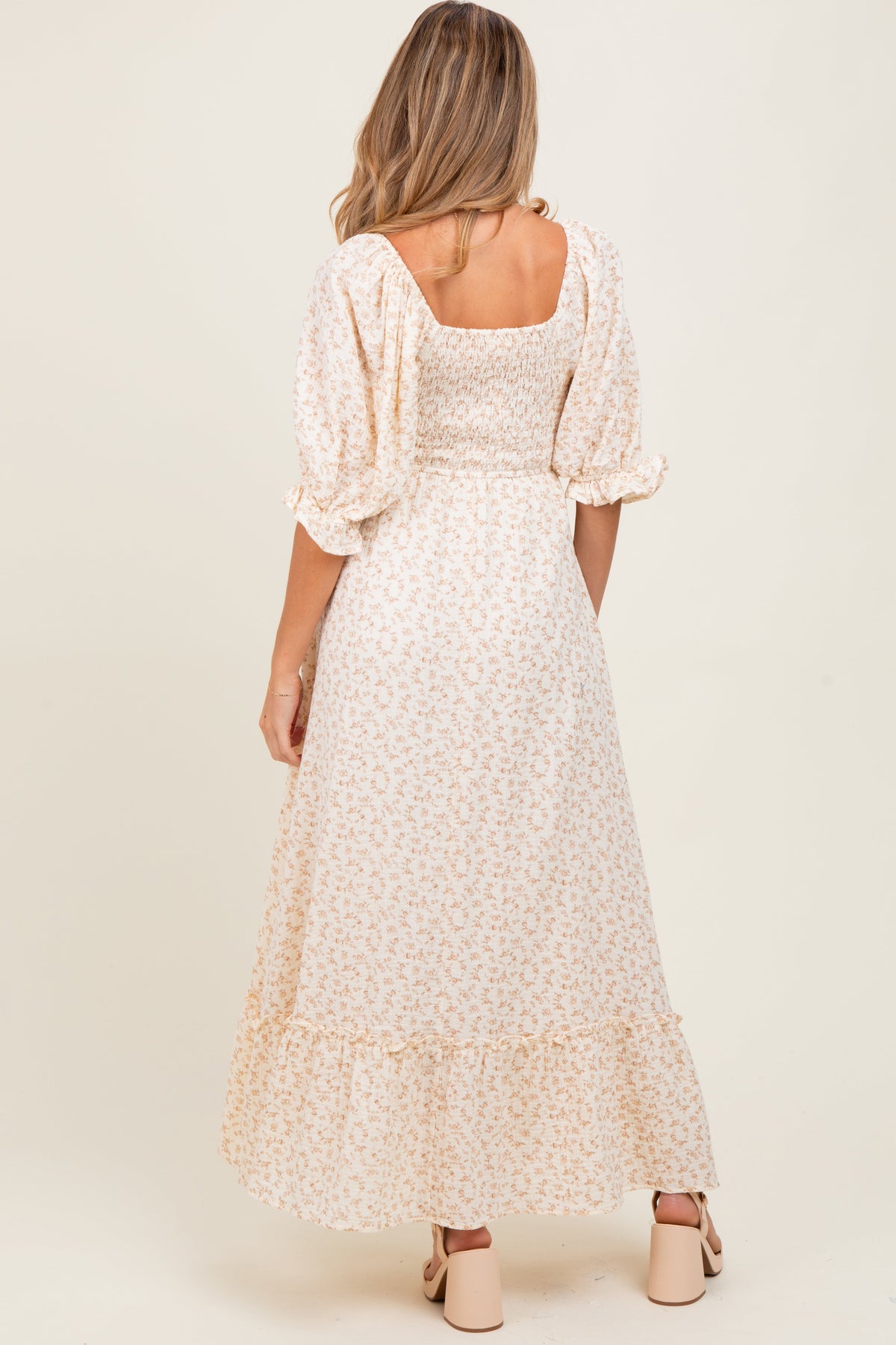 Beige Floral Print Square Neckline Maternity Maxi Dress
