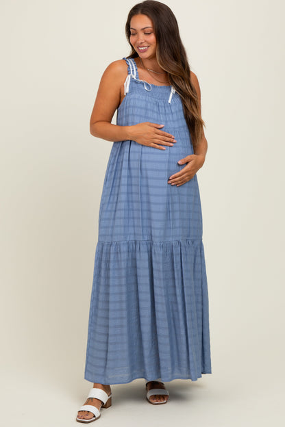 Blue Bow Tie Accent Tiered Maternity Maxi Dress