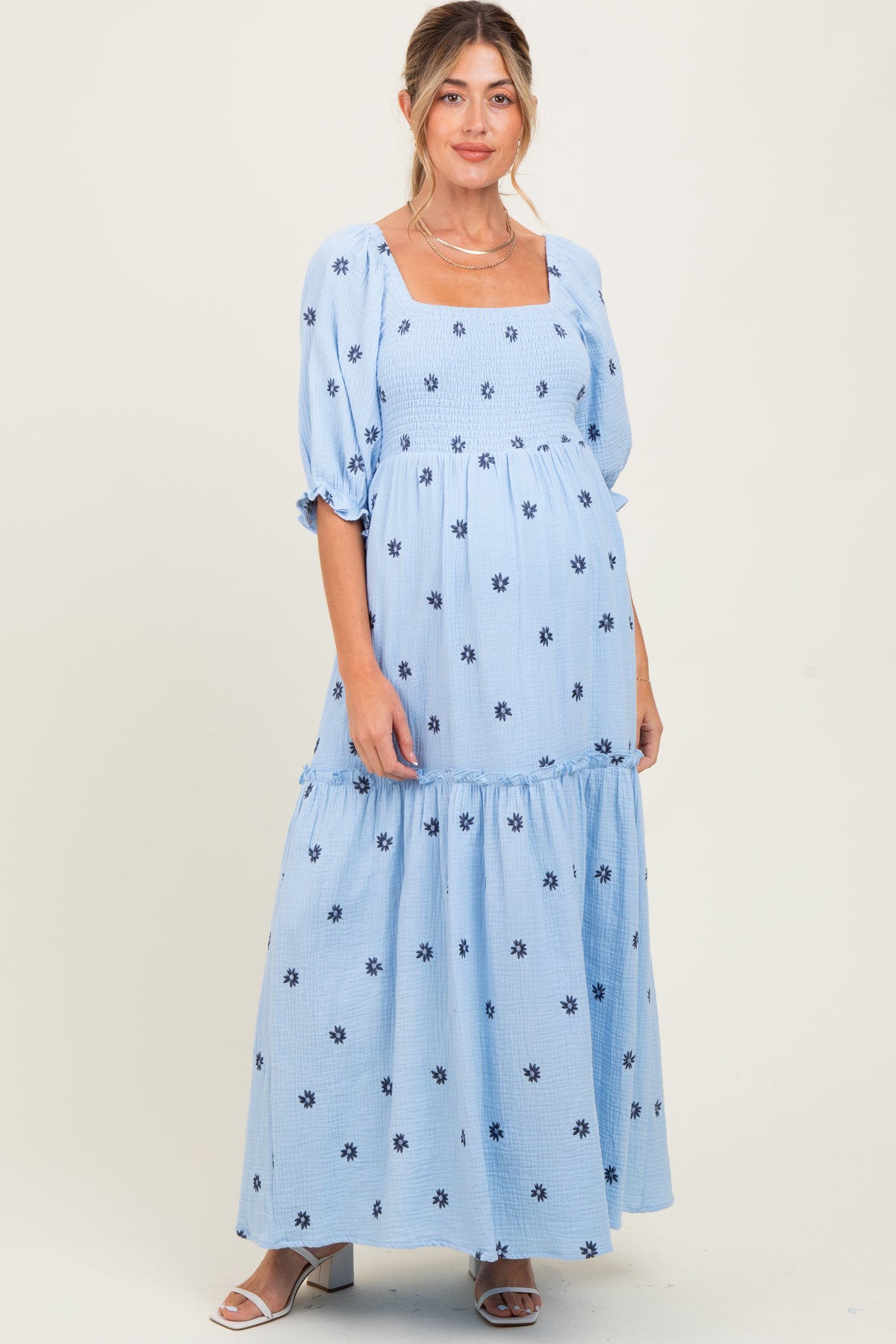 Light Blue Floral Smocked Puff Sleeve Maternity Maxi Dress