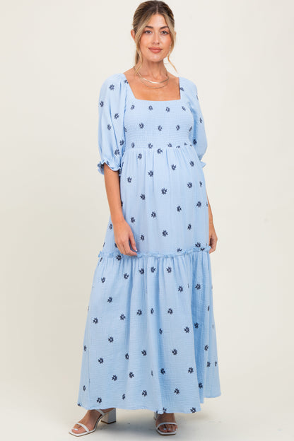 Light Blue Floral Smocked Puff Sleeve Maternity Maxi Dress