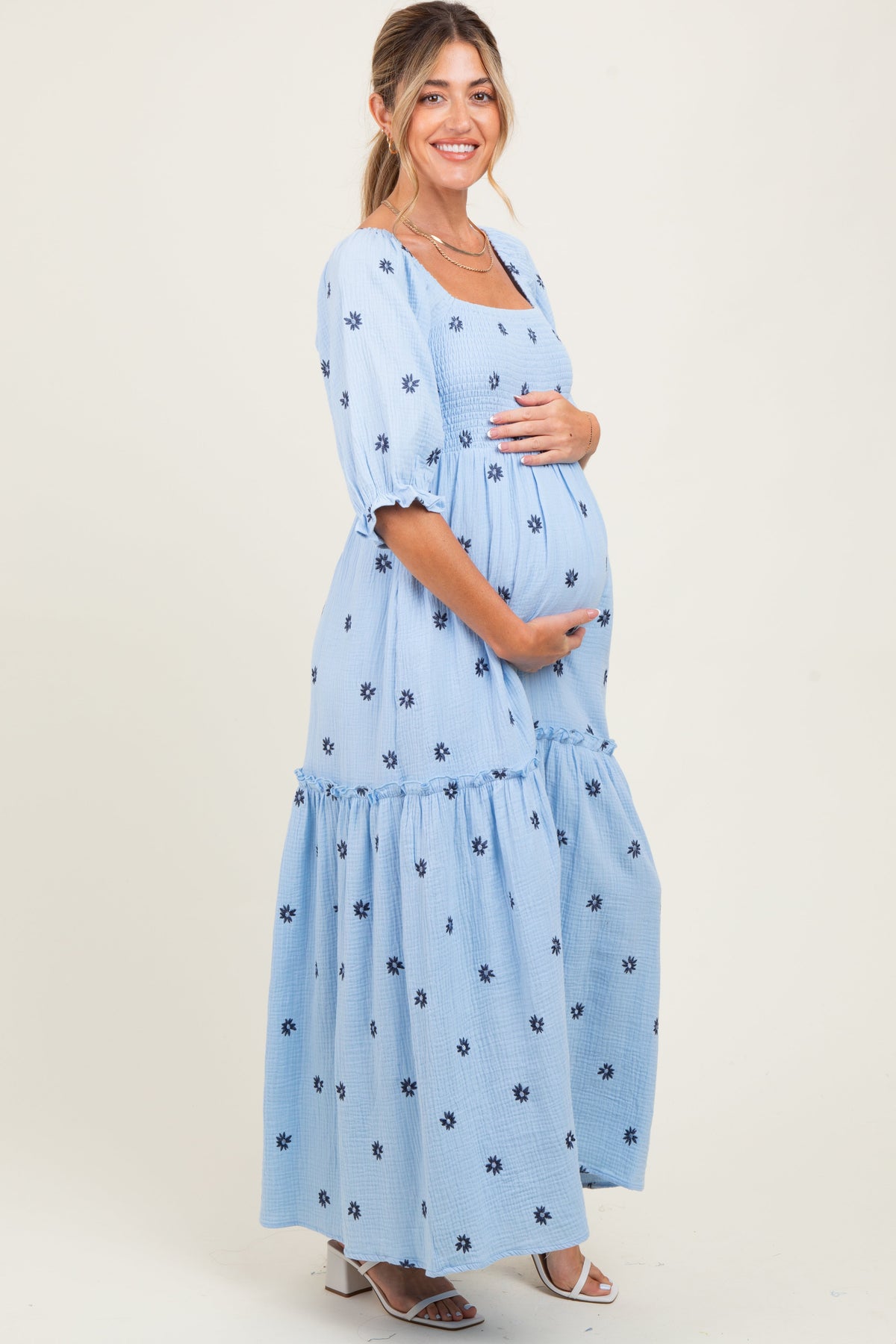 Light Blue Floral Smocked Puff Sleeve Maternity Maxi Dress