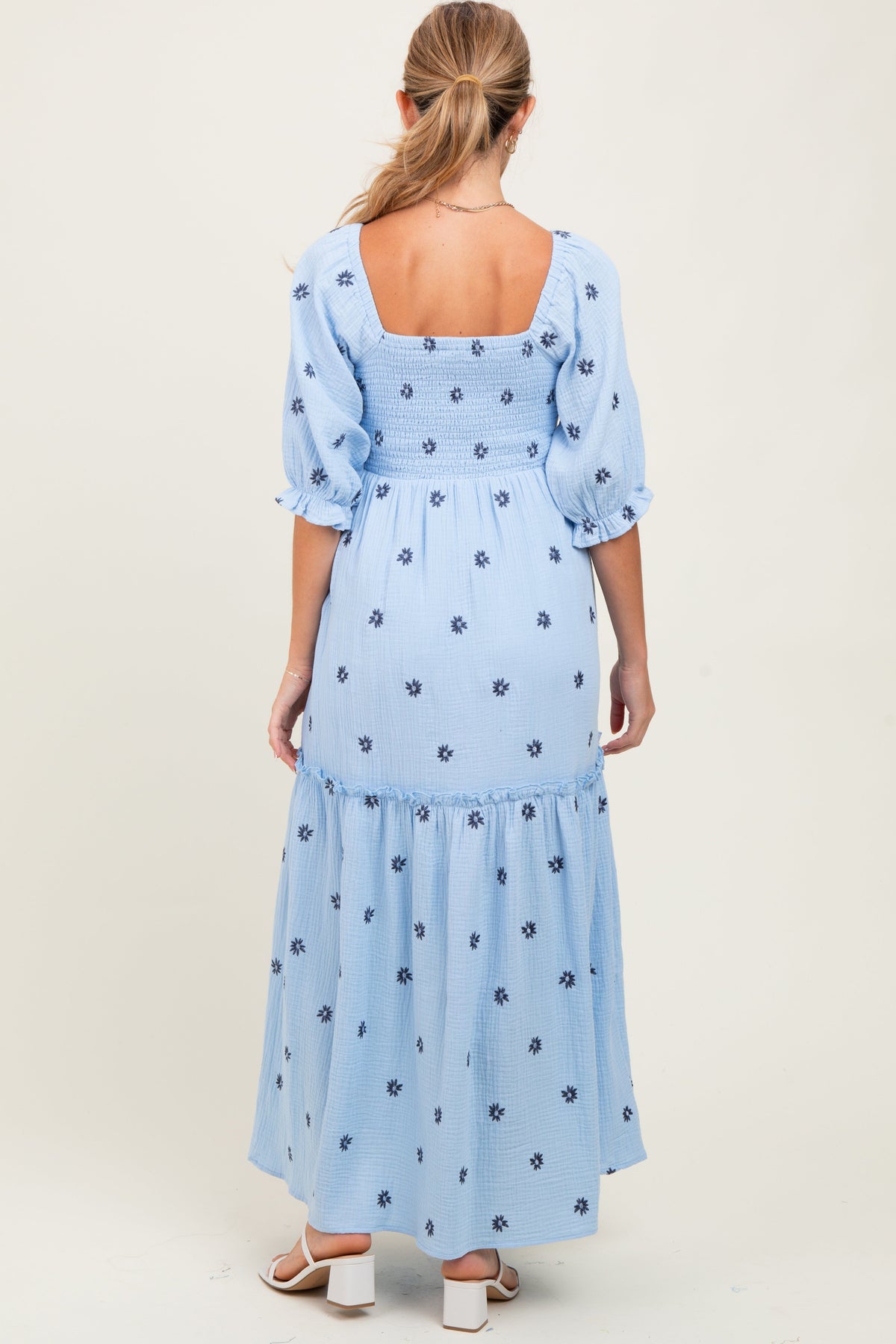 Light Blue Floral Smocked Puff Sleeve Maternity Maxi Dress