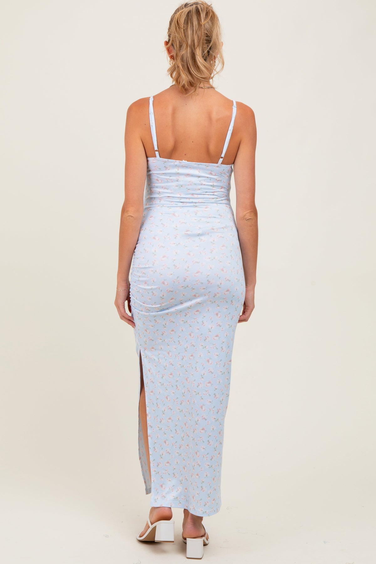 Light Blue Spring Floral Print Sleeveless Maternity Dress