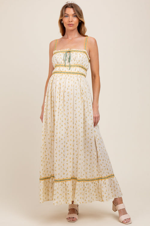 Yellow Floral Ribbon Detail Sleeveless Maternity Maxi Dress