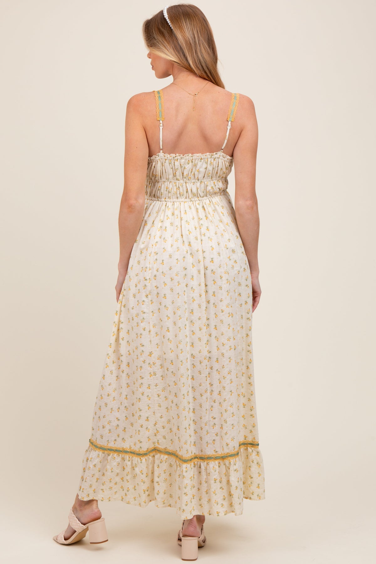 Yellow Floral Ribbon Detail Sleeveless Maternity Maxi Dress