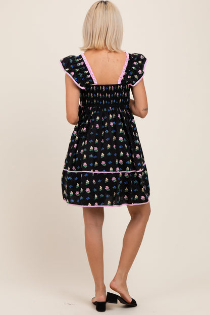 Black Floral Ruffle Strap Maternity Mini Dress