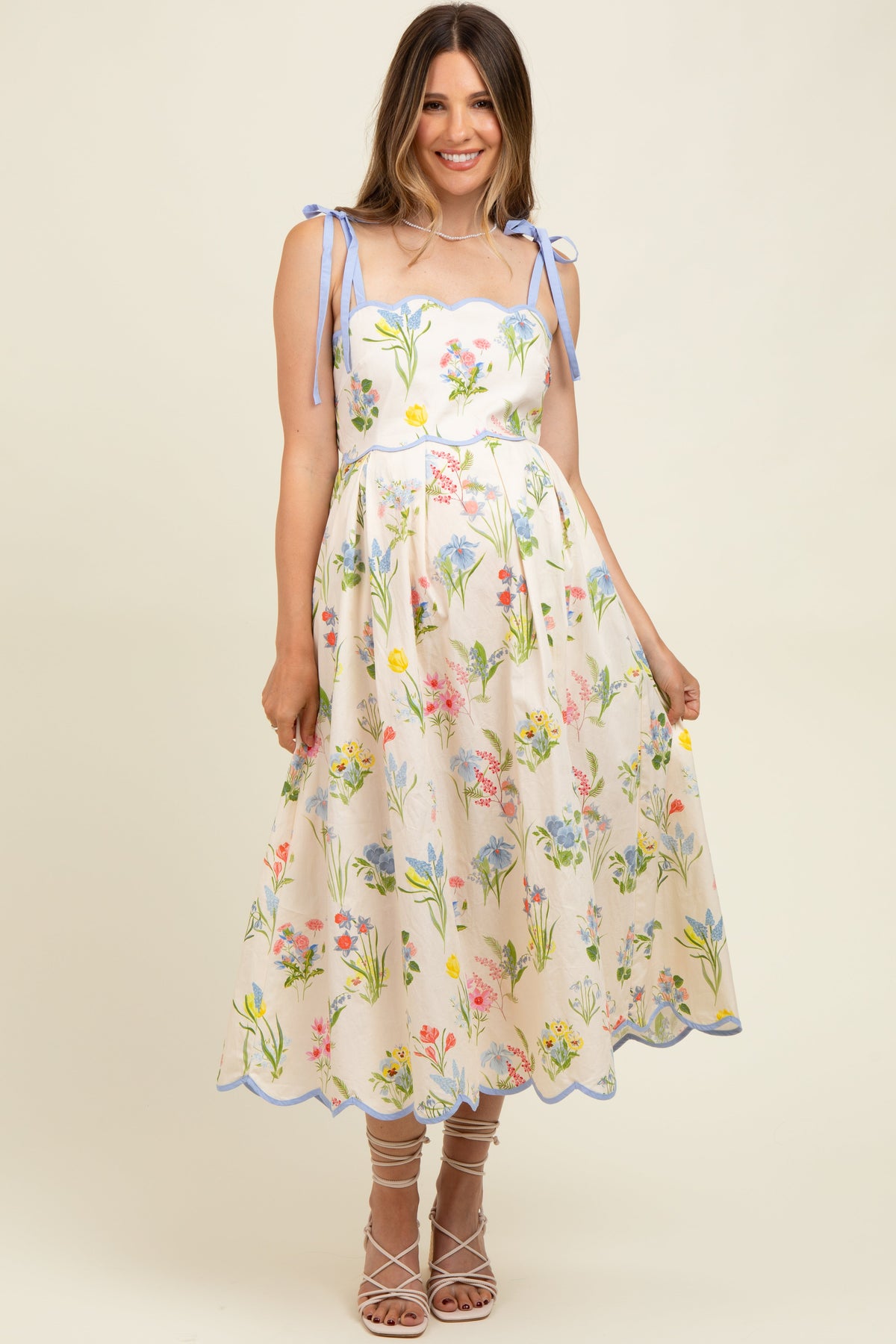 Cream Floral Shoulder Tie Scallop Trim Maternity Midi Dress
