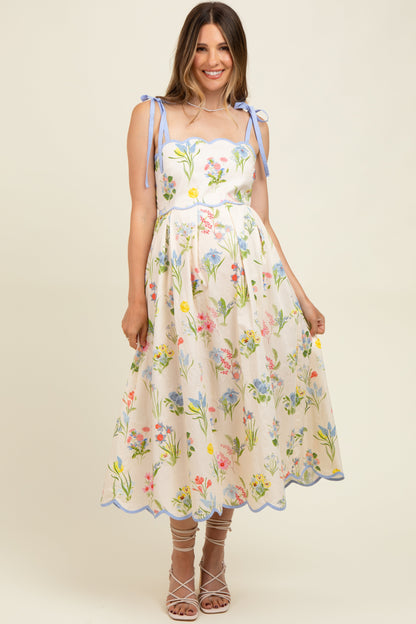 Cream Floral Shoulder Tie Scallop Trim Maternity Midi Dress