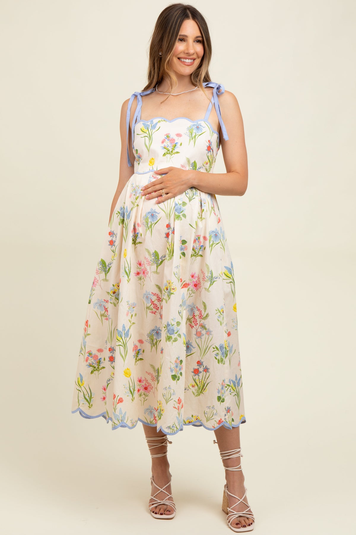 Cream Floral Shoulder Tie Scallop Trim Maternity Midi Dress