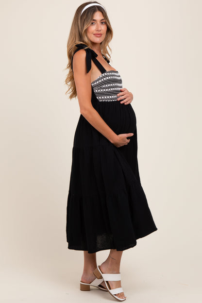 Black Crochet Bodice Shoulder Tie Tiered Maternity Midi Dress