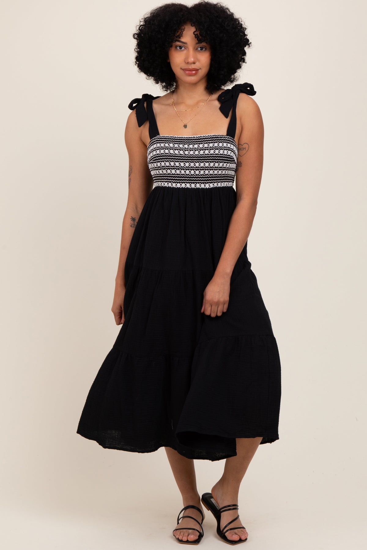 Black Crochet Bodice Shoulder Tie Tiered Maternity Midi Dress