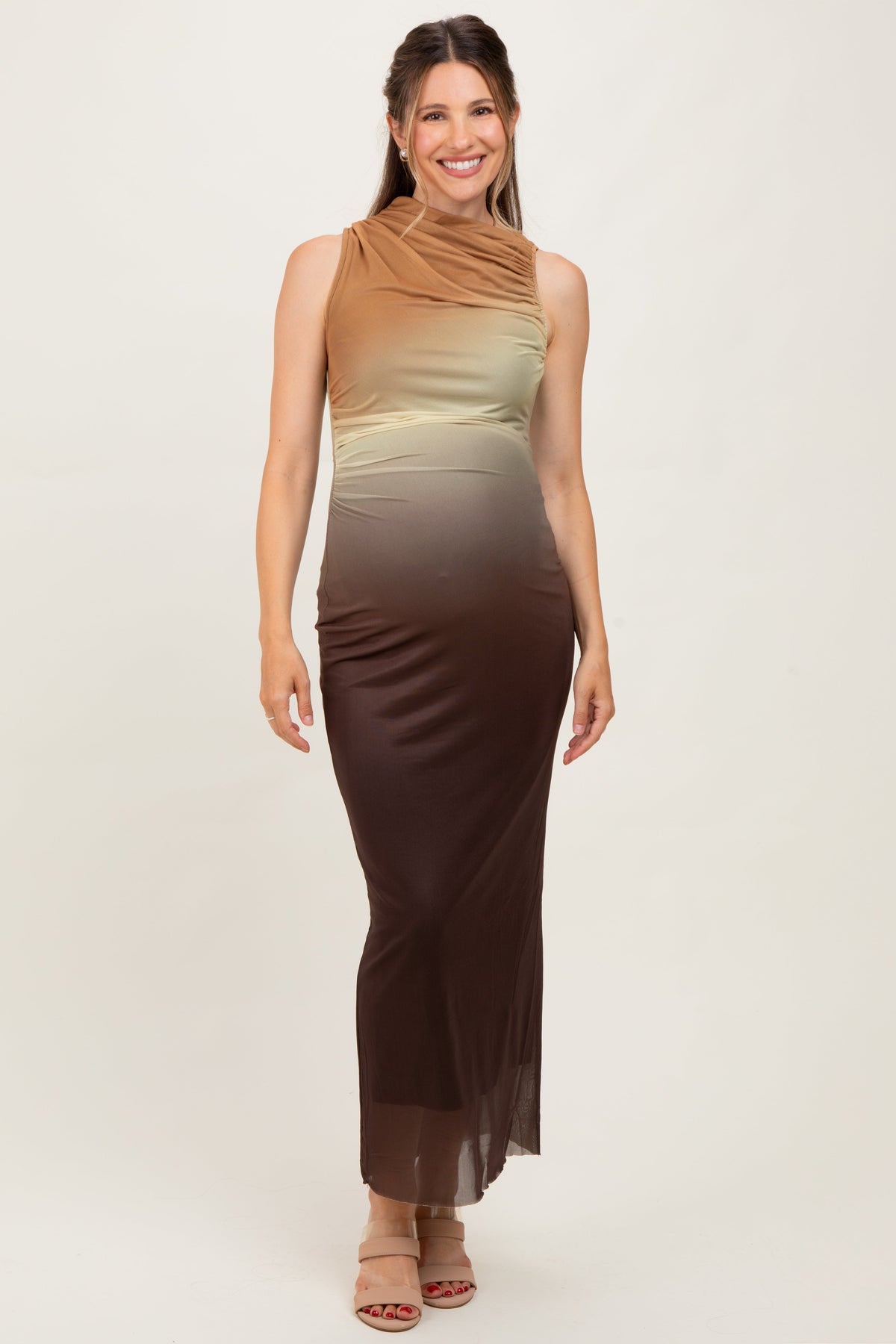 Brown Ombre Mesh Ruched Sleeveless Maternity Midi Dress