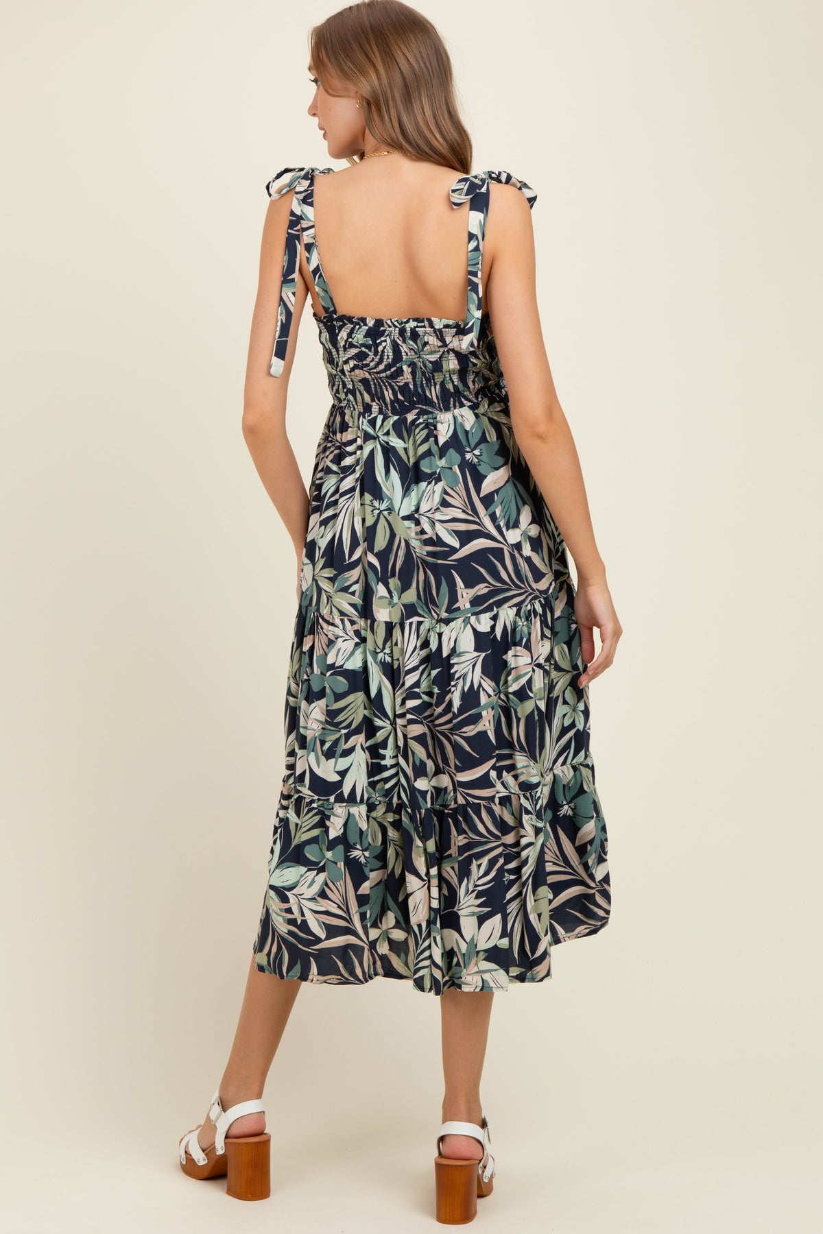 Navy Tropical Print Smocked Shoulder Tie Maternity Midi Dress