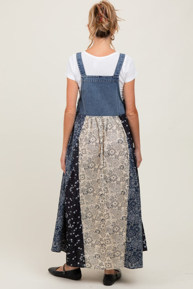 Blue Floral Colorblock Print Denim Contrast Maternity Dress