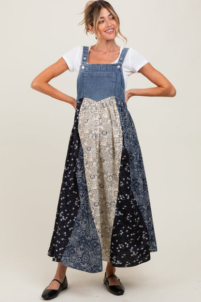 Blue Floral Colorblock Print Denim Contrast Maternity Dress
